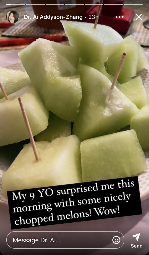 A 9 Y/o surprising his Doctor Mommy with a plate of nicely chopped melons