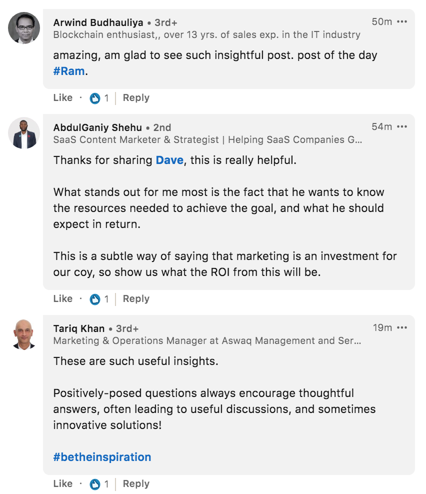 Arwind Budhauliya abd other famous marketing specialists commenting on LinkedIn posts