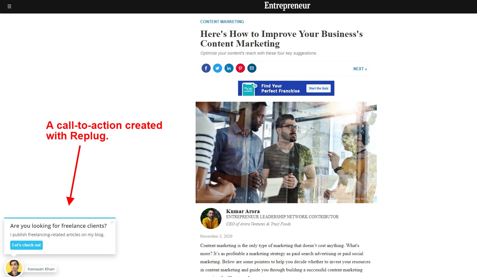 An example of call-to-action created via Replug on Entrepreneur