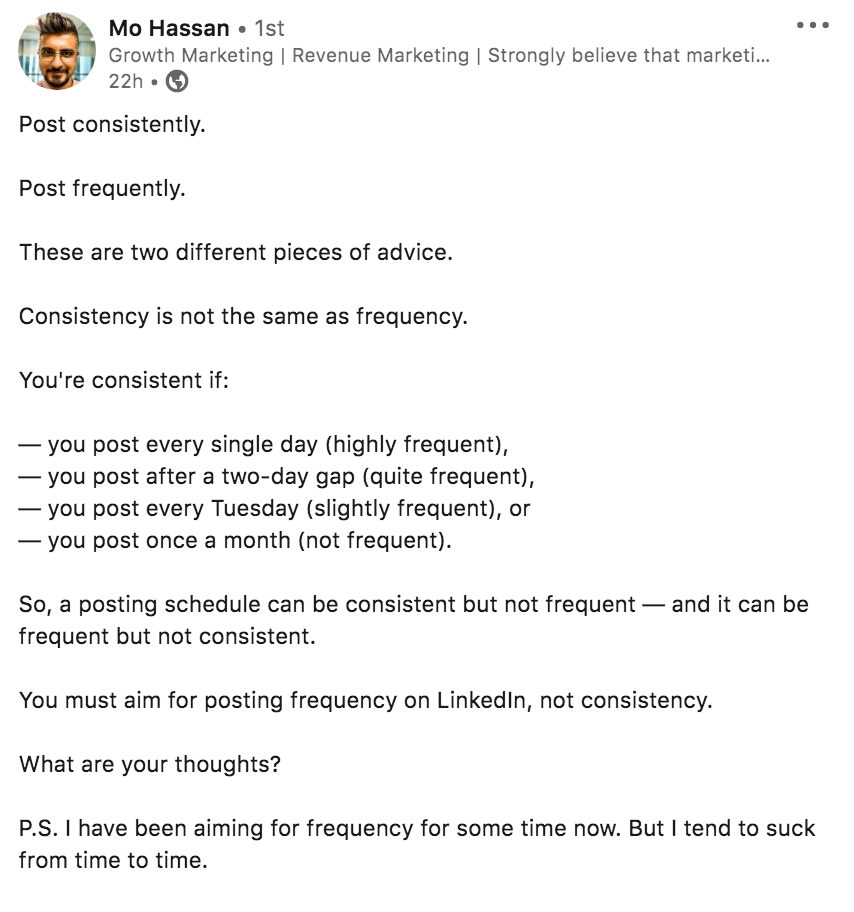 Mo Hassan's sample LinkedIn post as a Growth Marketer