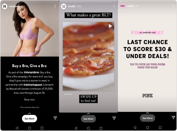 Instagram story links used by Nordstorm, food52 and vspink