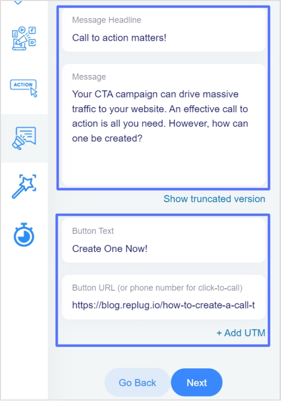 cta message and link
