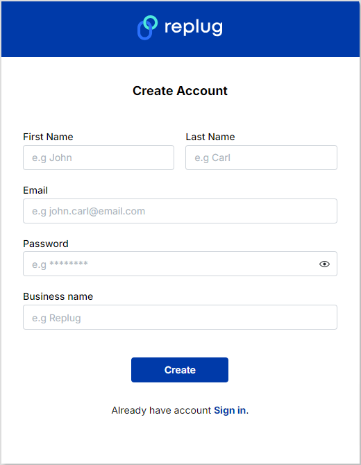 Create account on Replug