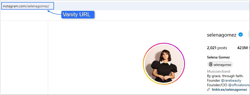 Instagram vanity URL example