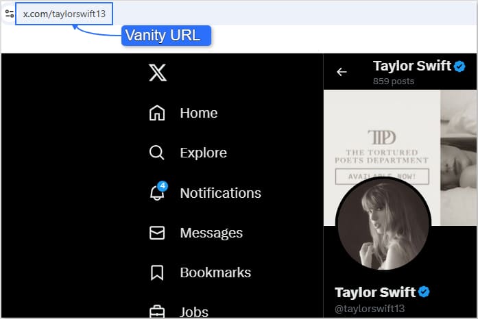 X (Twitter) vanity URL example