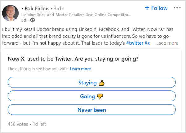 Bob phibbs shared a Linkedin post to keep his audience angaged by asking them questions. 