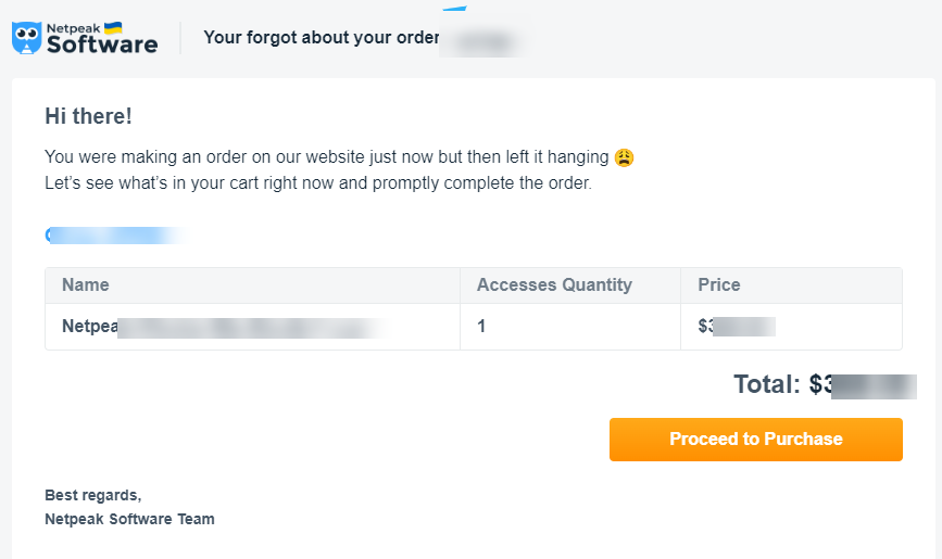 NetPeak Cart Abandoned Email Example