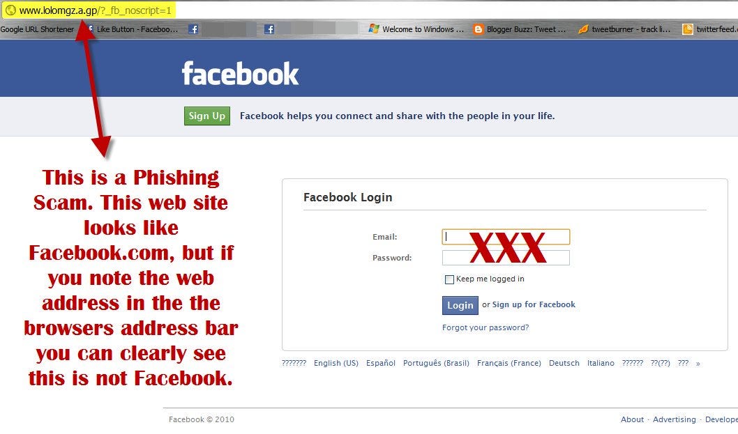 Phishing Scam Example of Facebook