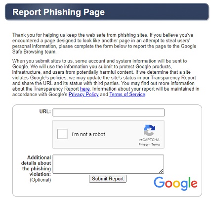 Report phishing to Google