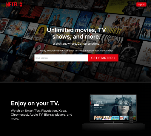 High converting landing page example of Netflix