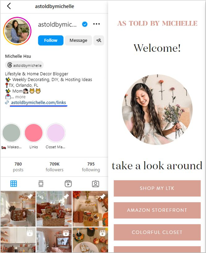 Lifestyle blogger Michelle Hsu using bio link in Instagram bio