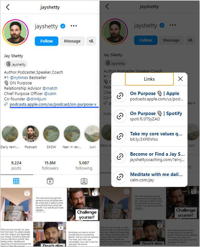 Podcaster Jay Shetty using bio links in Instagram bio