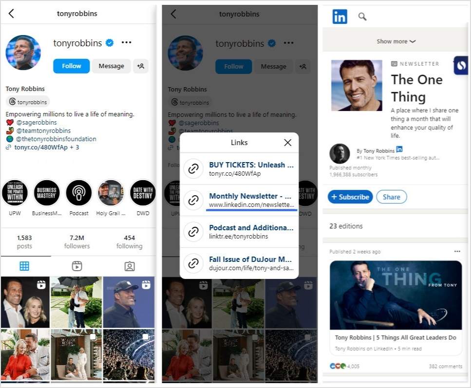 Entrepreneur Tony Robbins using bio link in Instagram bio