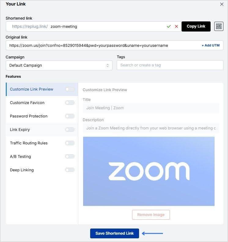 Click save shortened zoom link - replug.io