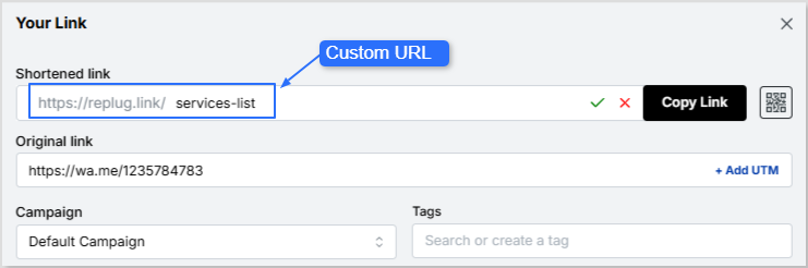 Custom WhatsApp short link URL