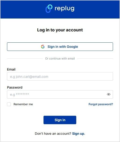 Sign in or create an account on Replug