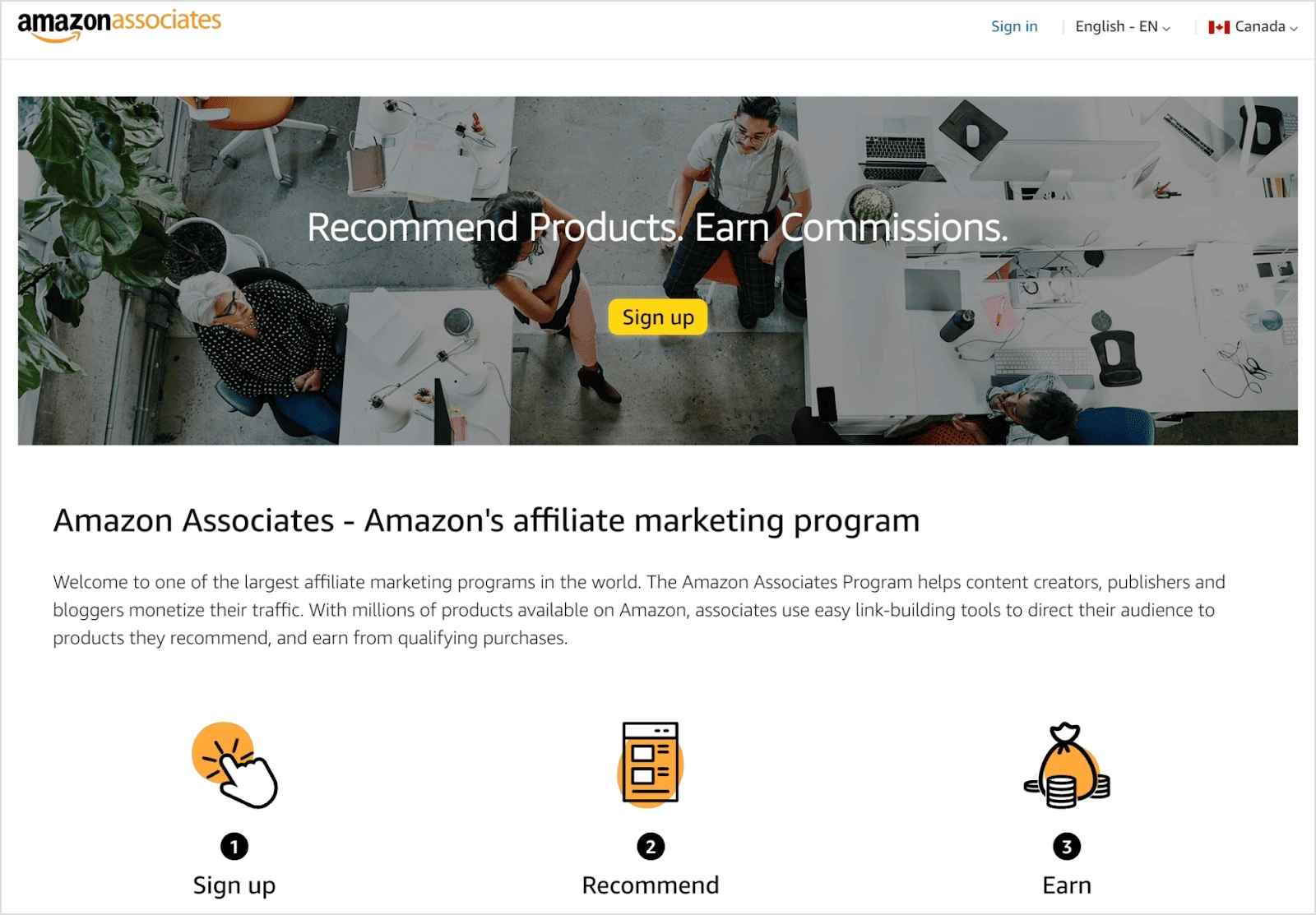 Screenshot of Amazon Associates homepage