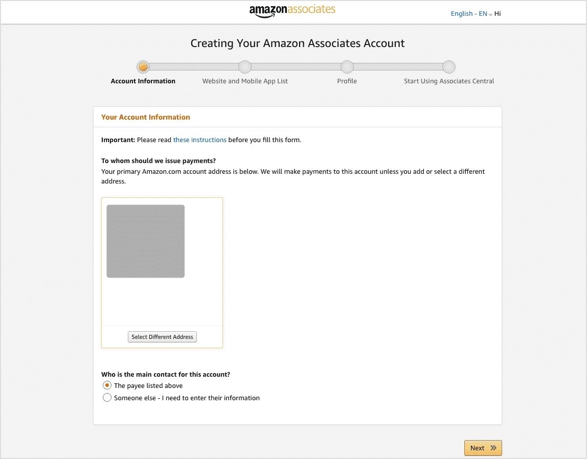 Fill in your account information for the Amazon affiliate program